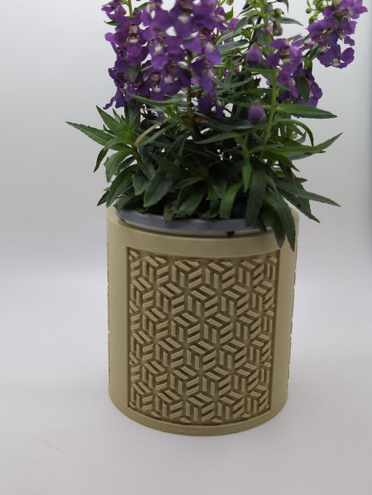 beige chinese cube planter with purple flowers