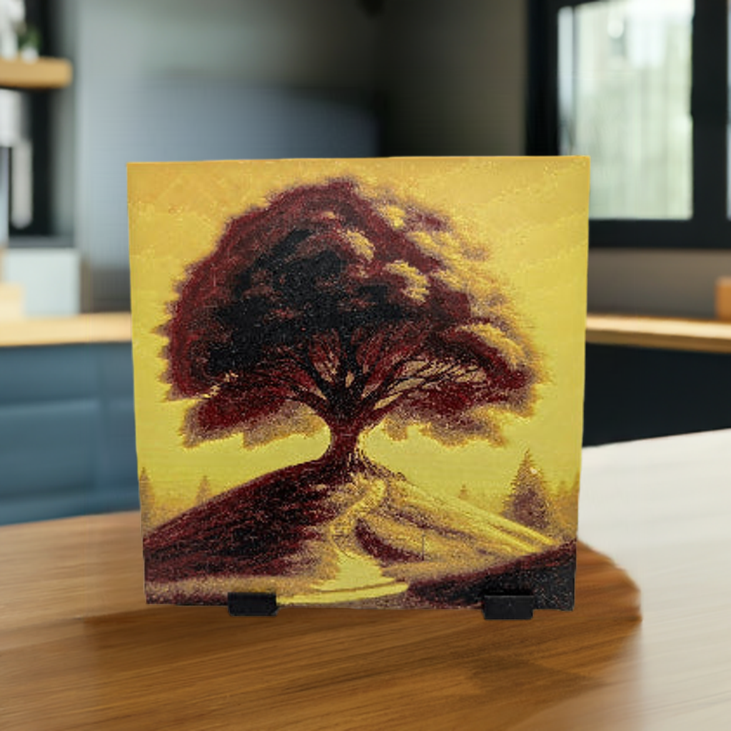 AI generated image of a maple tree in autumn image standing on a table in a kitchen
