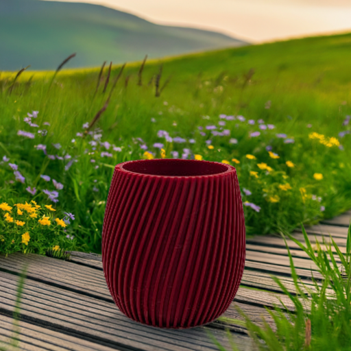 AI generated image of a red vase on a wood path in a flowering meadow