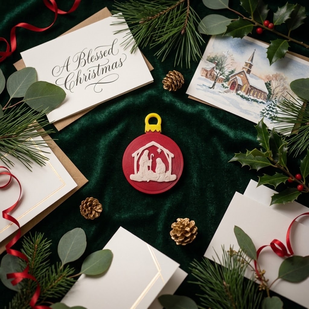Red Christmas ornament with nativity