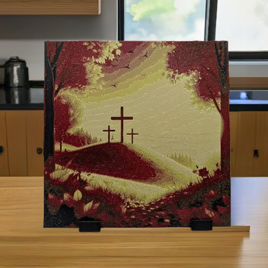 3 crosses in autumn image on light wood counter in kitchen