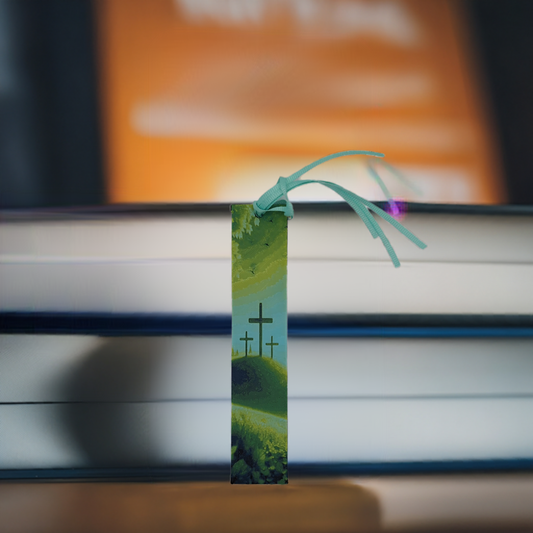 AI generated image of a 3 crosses in spring bookmark in front of a stack of books