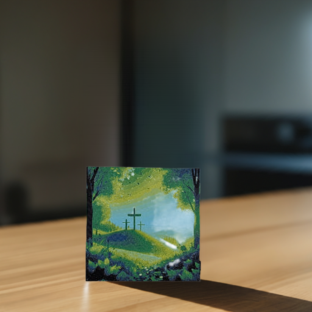 AI generated image of a 3 crosses in spring image on a light wood surface