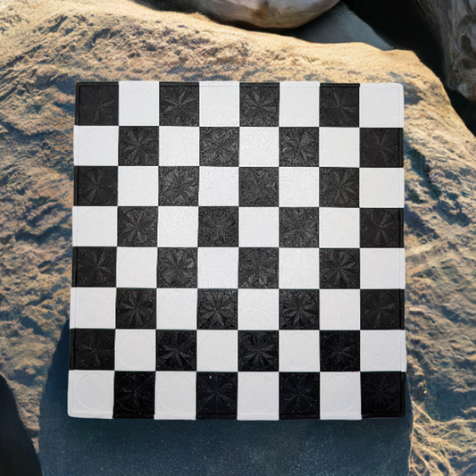 AI generated image of a black and white checkers board game on a large rock
