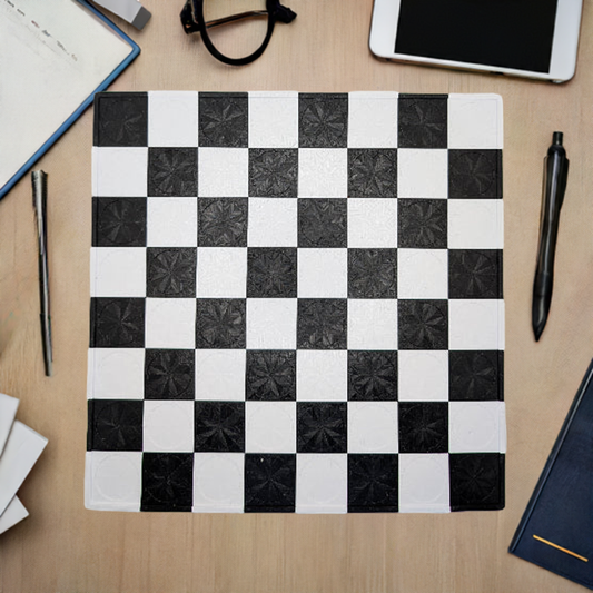 AI generated image of a black and white checkers board game surrounded by notebooks and pens