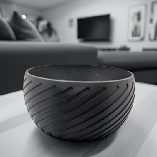 AI generated image of a black patterned bowl on a table next to a couch in a TV room