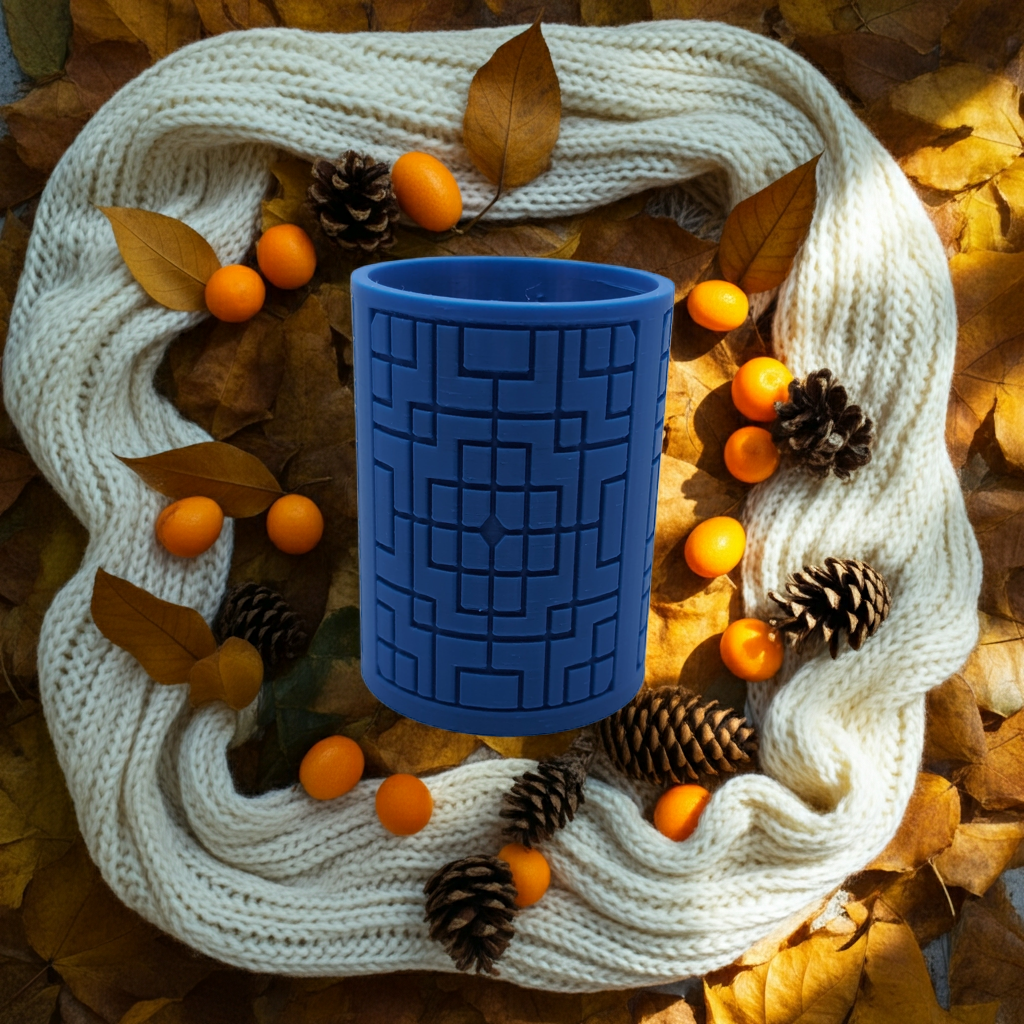 square pattern planter with pine cones leaves, and kumquats around a white scarf-AI generated