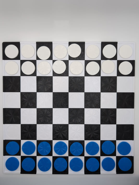 blue and white checkers on checkers board