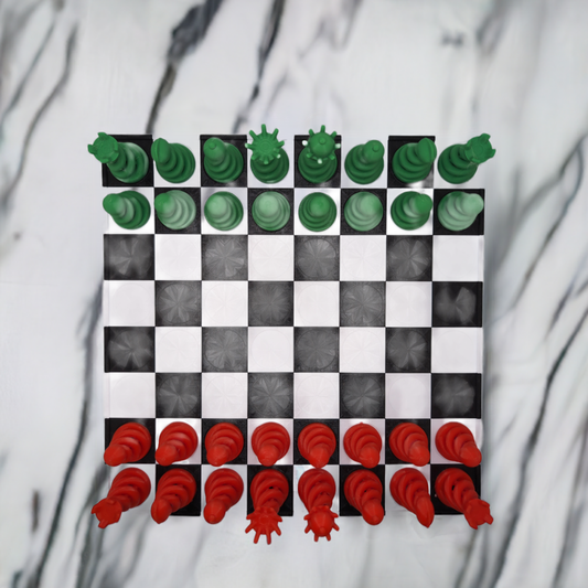 AI generated image of a chess board with green and red pieces on a marble surface
