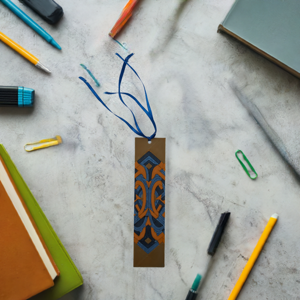 AI generated image of a cube optical illusion bookmark surrounded by office supplies