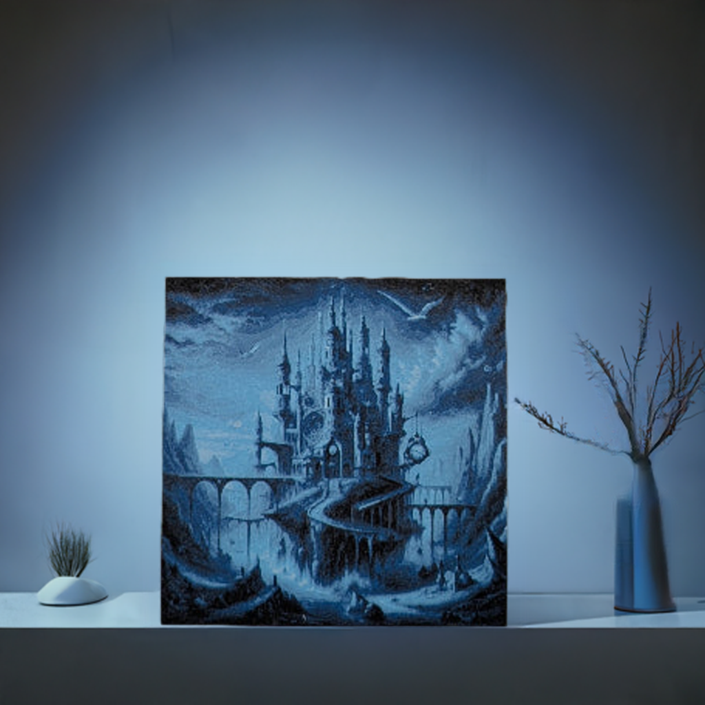 AI generated image of a dali castle in blue image standing between 2 plants with a white background