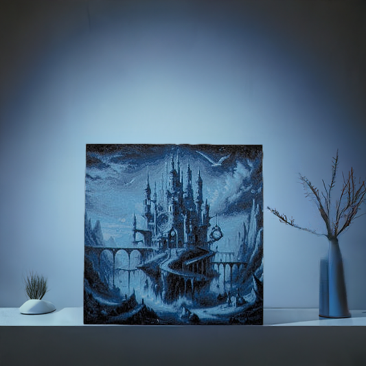 AI generated image of a dali castle in blue image standing between 2 plants with a white background