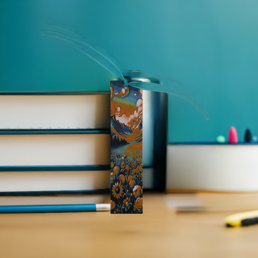 AI generated image of a flower field bookmark in front of a stack of books