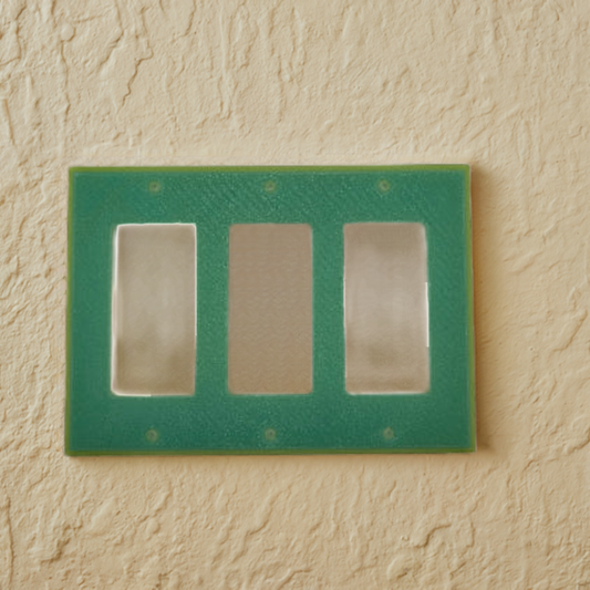AI generated image of a glow in the dark triple light switch cover on a textured wall