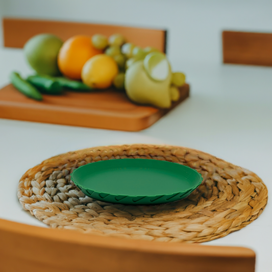 AI generated image of a green patterned plate on a placemat on a table