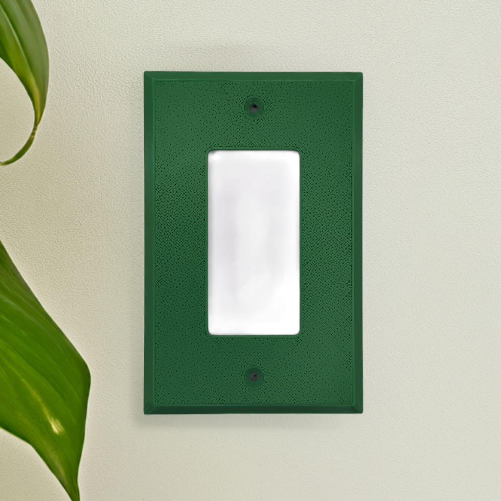 AI generated image of a green single light switch cover on a wall next to a plant
