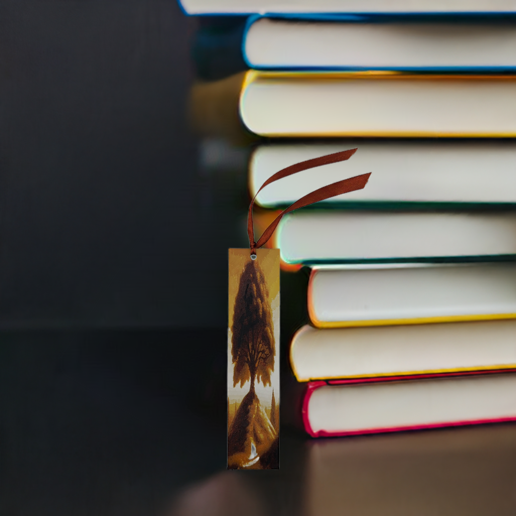 AI generated image of a maple tree in autumn bookmark in front of a stack of books