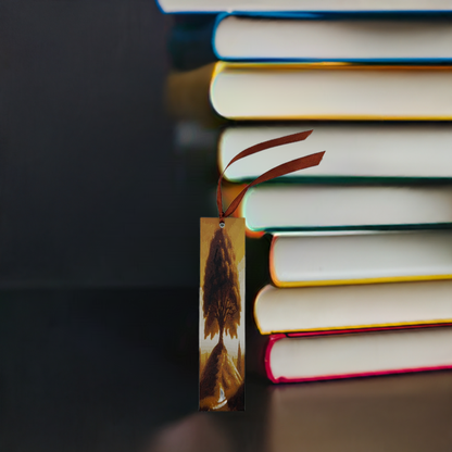 AI generated image of a maple tree in autumn bookmark in front of a stack of books