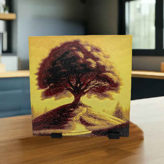 AI generated image of a maple tree in autumn image standing on a table in a kitchen