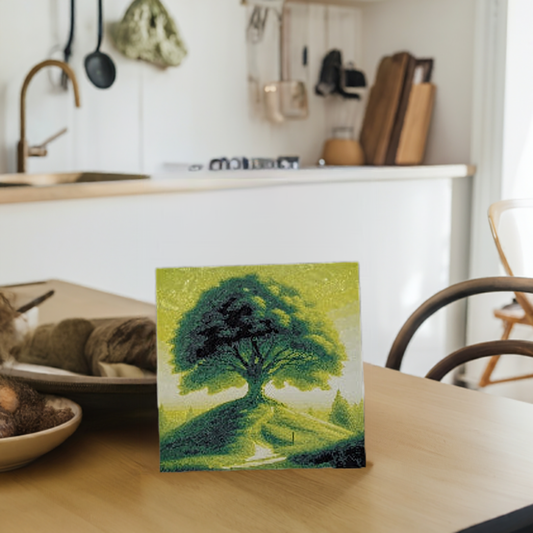 AI generated image of a maple tree in spring image standing on a table in a kitchen