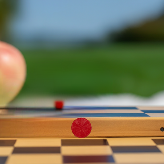 AI generated image of a red checkers board game piece on a light wood checkerboard