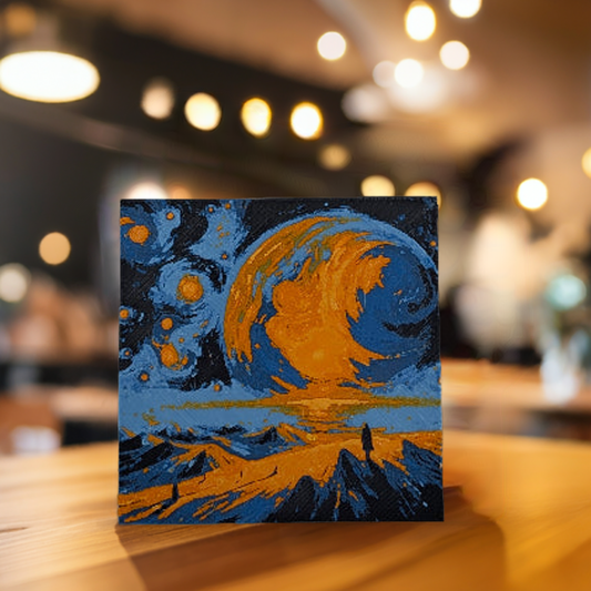 AI generated image of a space scene image standing on a light wood table in a coffee shop