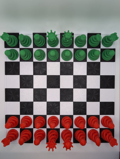 spiral chess pieces and chess board