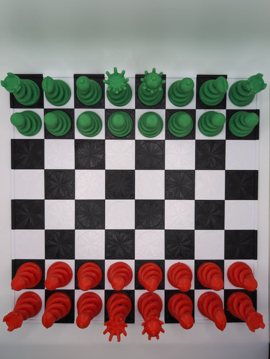spiral chess pieces and chess board