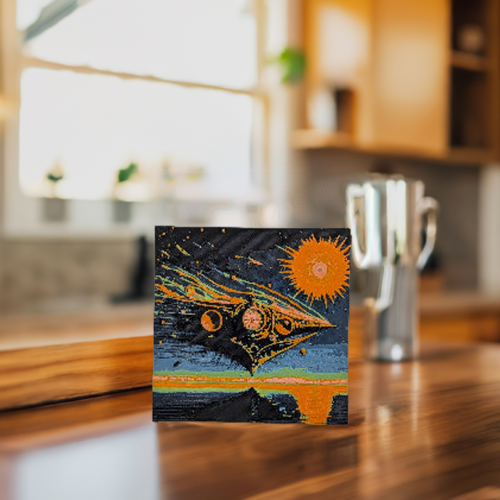 AI generated image of a surreal spaceship image on a wood counter in a kitchen
