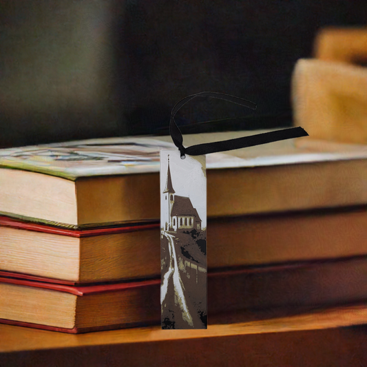 AI generated image of a white church bookmark in front of a stack of books