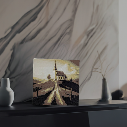 AI generated image of a white church image standing in front of a marble wall between two vases