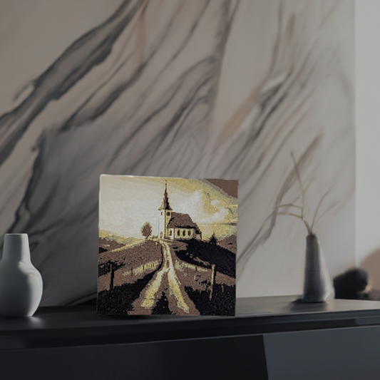 AI generated image of a white church image standing in front of a marble wall between two vases