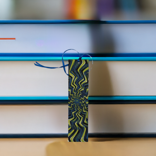 AI generated image of a zigzag optical illusion bookmark in a front of a stack of books